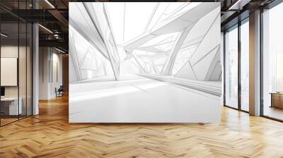 Abstract line art illustration of a white interior emphasizing a futuristic design featuring polygonal shapes Architectural background in 3D rendering style Wall mural