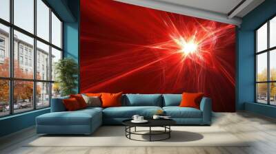 Abstract red background featuring a line art illustration of a fractal star explosion with gloss and dynamic lines Wall mural