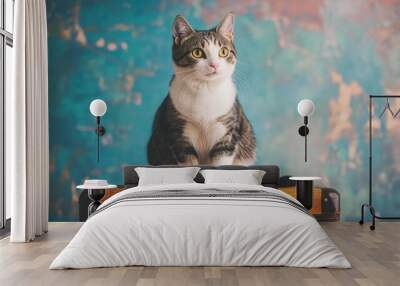 Adorable cat sitting on a suitcase against a vibrant vintage studio backdrop evoking themes of summer and vacation Wall mural