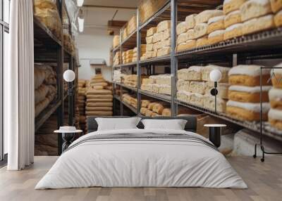 Bakery production facility showcasing shelves of freshly baked white bread Wall mural