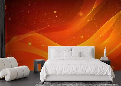 Bright orange abstract illustration featuring a shiny background adorned with stars in a line art style Wall mural