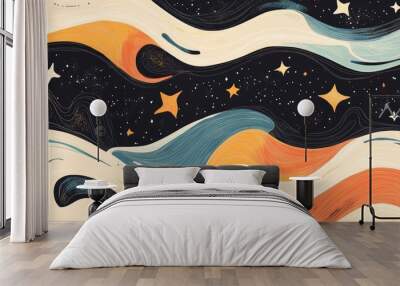 Bright vintage line art illustration featuring an abstract shiny background with stars Wall mural