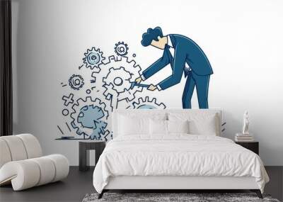 Cartoon of a businessman using a wrench to repair gear cogwheels symbolizing a transformation in mindset and attitude illustrated in a single line art style Wall mural