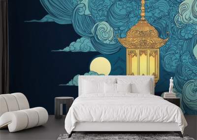 Cartoon style line art illustration of a decorative lantern Wall mural