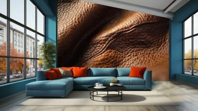 Close up of brown leather highlighting its texture and intricate details featuring a deep rich hue and a natural wrinkled surface Wall mural