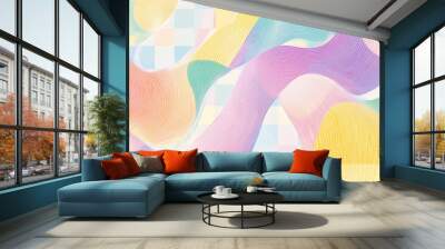 Colorful abstract line art illustration featuring soft sweet tones with alternating colors set against a checkered background Wall mural