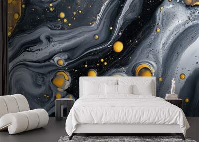 Contemporary hues featuring flowing gray and black paint intertwined with yellow bubble drops Abstract marble effect texture in fluid art style Wall mural