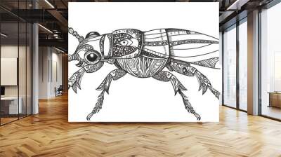 Doodle style line art illustration of a large striped beetle This hand drawn design is suitable for coloring books and tattoo art featuring a zentangle pattern on a white background Wall mural