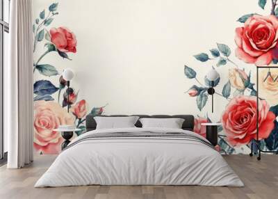 Hand drawn floral vertical rectangular template featuring colorful watercolor roses in an artistic line art style Wall mural