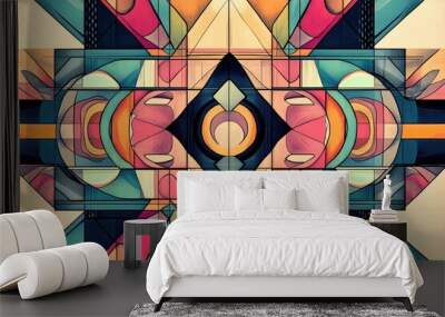 Hand drawn line art illustration featuring a mixed media design with geometric shapes and a mirrored pattern digitally enhanced Wall mural