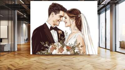 Joyful couple at their wedding ceremony dressed elegantly with a lovely wedding bouquet and artistic line design Wall mural