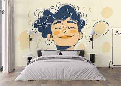 Line art illustration depicting a cheerful man with a thought bubble Wall mural