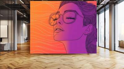 Line art illustration depicting a cool gradient drawing of a cartoon woman Wall mural