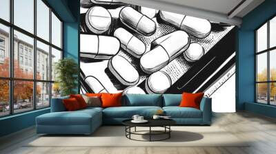 Line art illustration depicting a game featuring tablets and capsules conceptual design focused on a three in a row theme Wall mural