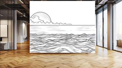 Line art illustration depicting a sunset over the ocean featuring a continuous line drawing style Set against a plain white background Wall mural