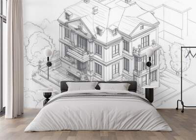 Line art illustration depicting architectural features of a house in a 3D style Wall mural