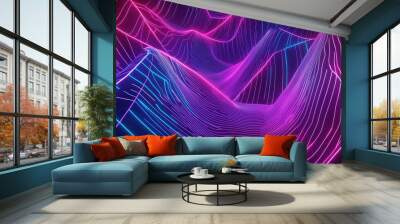 Line art illustration depicting the pulsating and expanding motion of three dimensional shapes Features neon crossed lines creating an optical illusion effect Wall mural