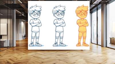 Line art illustration featuring a cold gradient design of a cartoon boy with crossed arms and wearing glasses Wall mural