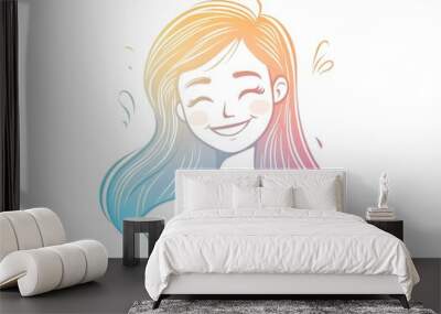 Line art illustration featuring a cold gradient design of a cheerful cartoon woman Wall mural