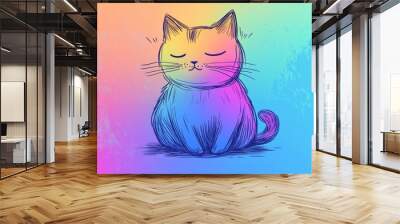 Line art illustration featuring a cold gradient drawing of a cartoon cat Wall mural