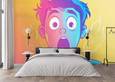 Line art illustration featuring a cold gradient drawing of a surprised cartoon character Wall mural