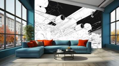 Line art illustration featuring a fantasy theme with a flash effect and an airplane Wall mural