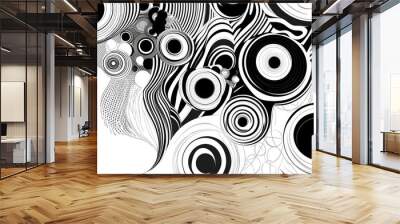 Line art illustration featuring a graphic design of black and white circular patterns Wall mural