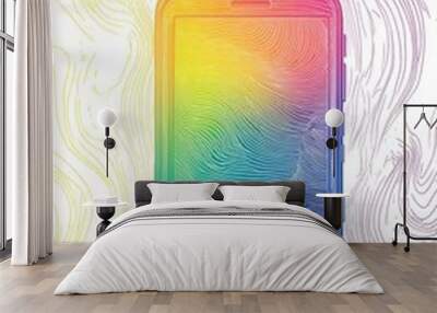 Line art illustration featuring a rainbow gradient design of a cartoon style mobile phone Wall mural