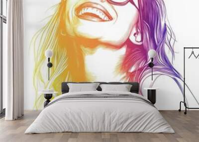 Line art illustration featuring a rainbow gradient design of a cheerful woman in glasses Wall mural