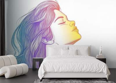 Line art illustration featuring a rainbow gradient drawing of a cartoon woman Wall mural