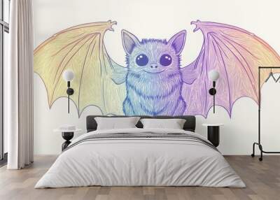 Line art illustration featuring a rainbow gradient drawing of a whimsical cartoon vampire bat Wall mural