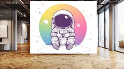 Line art illustration featuring a rainbow gradient of a cartoon astronaut in tears Wall mural