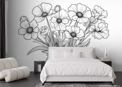 Line art illustration featuring a whimsical vase filled with flowers Wall mural