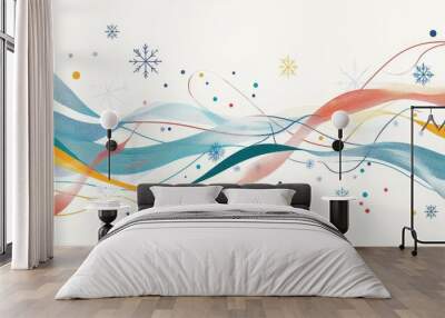 Line art illustration featuring colorful wave lines and snowflakes designed as a winter themed business background template Wall mural