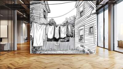 Line art illustration featuring laundry hanging between two houses Wall mural