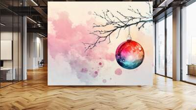 Line art illustration of a bauble with a tree branch Vibrant bubble decoration in a light paint style featuring a hand drawn watercolor design of Christmas ornaments Wall mural