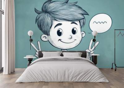 Line art illustration of a cartoon boy with a frown making a peace sign accompanied by a thought bubble Wall mural