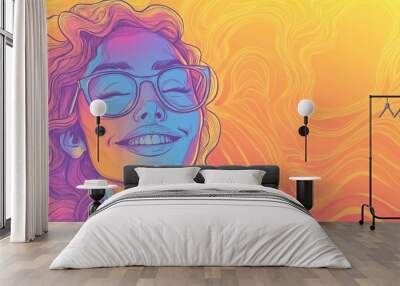 Line art illustration of a cool gradient drawing featuring a cartoon woman with a joyful expression Wall mural