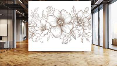 Line art illustration of a hand drawn ethnic flower design on a white background in a traditional style Wall mural