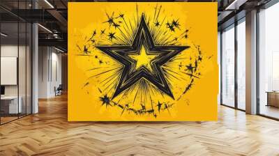 Line art illustration of a pentagram design in black with a vibrant yellow background Wall mural