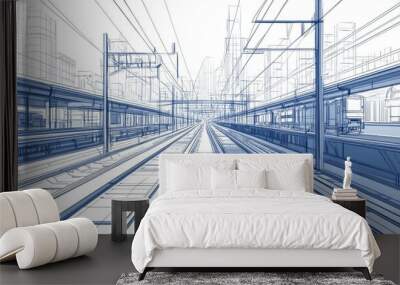 Line art illustration of a railway system in a stylized design Wall mural