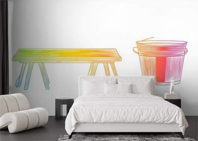 Line art illustration of a rainbow gradient depicting an old fashioned laundry washboard alongside a bucket Wall mural