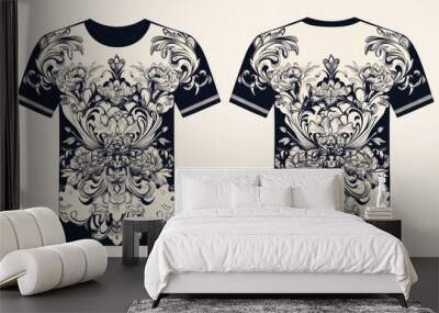 Line art illustration of a shirt featuring front and back designs with floral geometric ornamental and abstract motifs suitable for digital and screen fabric printing applications Wall mural