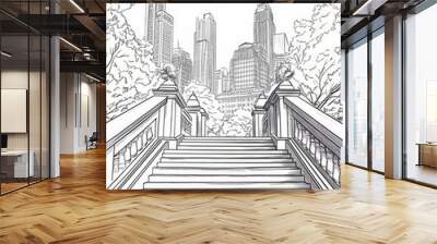 Line art illustration of a staircase at a popular tourist attraction during the pandemic featuring surrounding buildings in the background Wall mural