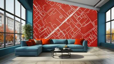 Line art illustration of a street map created with white lines on red paper showcasing a flat top view with a textured background Lineart illustration Wall mural