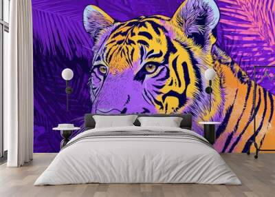 Line art illustration of a tiger with a violet striped background Features purple jungle elements and a vibrant animal skin pattern resembling watercolor and zebra print Wall mural