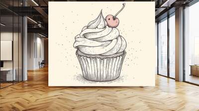 Line art illustration of a whimsical cupcake in a playful style Wall mural