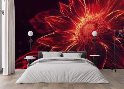 Line art illustration of an abstract sunflower in red light A stunning plant presented in a minimal neon style featuring a background pattern suitable for design Macro photography perspective Wall mural