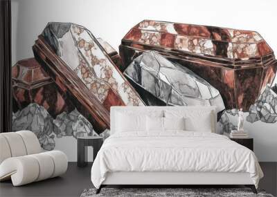 Line art illustration of caskets made from jasper and rhodonite stones set against a white background Wall mural