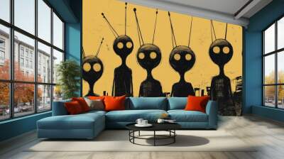 Line art illustration of robotic alien beings with antennas depicted in a whimsical scribbled style within a futuristic fictional setting Wall mural